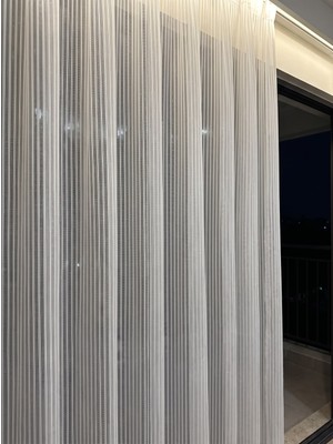 Demor Home Kırık Beyaz Simli Kordone Perde, Dikey Çizgili Tül ve 1/3 Sık Pile