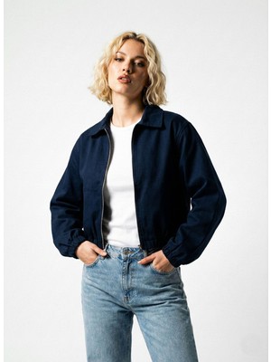 Ceylen Kadın Oversize Pamuklu Gabardin Klasik Yaka Fermuarlı Casual Ceket Mont