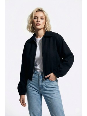 Ceylen Kadın Oversize Pamuklu Gabardin Klasik Yaka Fermuarlı Casual Ceket Mont