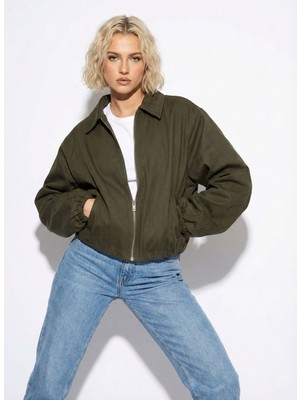Ceylen Kadın Oversize Pamuklu Gabardin Klasik Yaka Fermuarlı Casual Ceket Mont