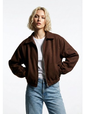 Ceylen Kadın Oversize Pamuklu Gabardin Klasik Yaka Fermuarlı Casual Ceket Mont