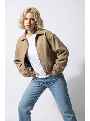 Ceylen Kadın Oversize Pamuklu Gabardin Klasik Yaka Fermuarlı Casual Ceket Mont