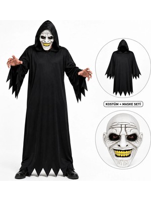 Belirtilmemiş Korkunç Gülümseyen Maskeli Siyah Kapüşonlu Kostüm Seti 140 cm