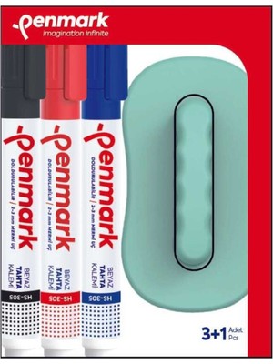 Penmark Beyaz Tahta Kalemi (Siyah - Kırmızı - Mavi) 3 Lü Set + Silgi 305-TK3S