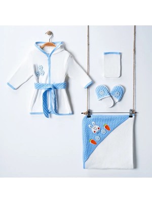 Minimio Kids 4'lü Sevimli Tavşan Nakışlı Pamuklu Bebek Bornoz Takımı