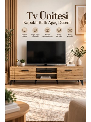 Klt Modüler Tv Ünitesi Kapaklı Raflı Ağaç Desenli Atlas Tv Ünitesi Atlantik Çam 180cm
