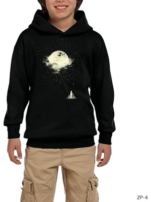 Z zepplin Biker Boy And Moon Siyah Çocuk Kapşonlu Sweatshirt