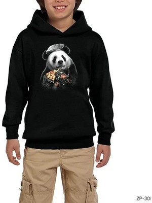 Z zepplin Panda Pizza Siyah Çocuk Kapşonlu Sweatshirt
