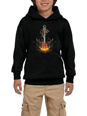 Z zepplin Alevli Elektro Gitar Siyah Çocuk Kapşonlu Sweatshirt