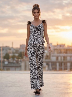 Milestone Siyah Ispanyol Paça Zebra Desenli Yüksek Bel Pantolon