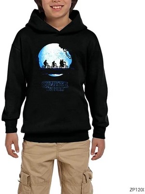 Z zepplin Stranger Things Blue Moon Siyah Çocuk Kapşonlu Sweatshirt