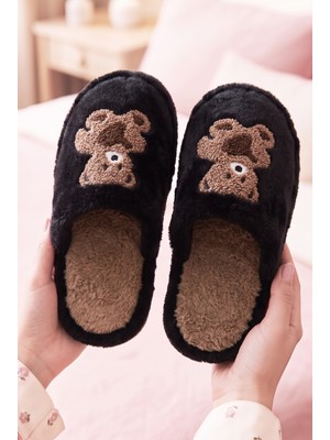 Nmoda Kadın Ayıcık Nakışlı Peluş Ev Terliği Kapalı Burun Arkası Açık Yumuşak Sıcak Kışlık Konforlu Pandufu