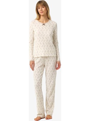 Blackspade Kadın Uzun Kol Krem Desenli Pijama Takımı C9T1N225