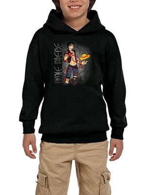 Z zepplin One Piece Luffy Siyah Çocuk Kapşonlu Sweatshirt