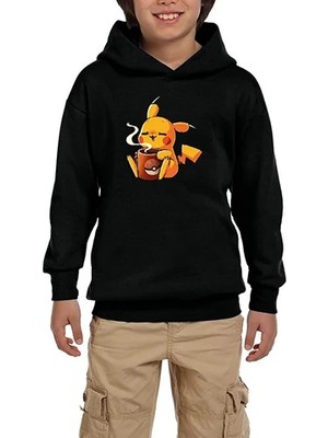 Z zepplin Pikachu Coffe Siyah Çocuk Kapşonlu Sweatshirt