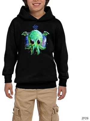 Z zepplin Ahtapot Sevimli Siyah Çocuk Kapşonlu Sweatshirt