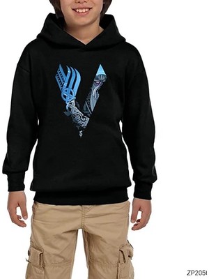 Z zepplin Vikings Odin Blue Siyah Çocuk Kapşonlu Sweatshirt