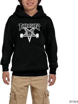 Z zepplin Thrasher 666 Siyah Çocuk Kapşonlu Sweatshirt