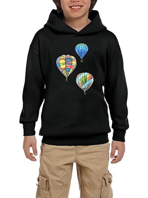 Z zepplin Kapadokya Balonları Siyah Çocuk Kapşonlu Sweatshirt