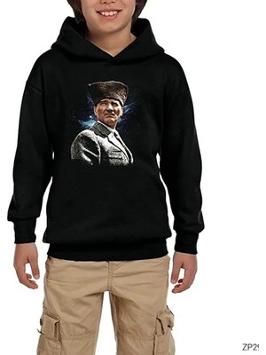 Z zepplin Atatürk Baş Komutan Siyah Çocuk Kapşonlu Sweatshirt