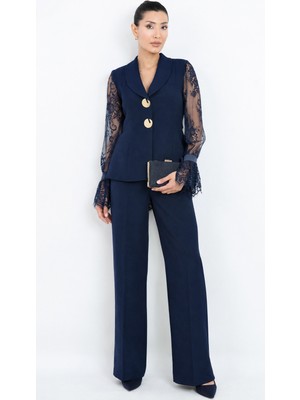 Dorne Moda Özel Seri Dantel Kollu Gold Düğmeli Şık Pantolonlu Ikili Takım