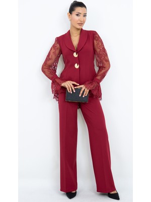Dorne Moda Özel Seri Dantel Kollu Gold Düğmeli Şık Pantolonlu Ikili Takım