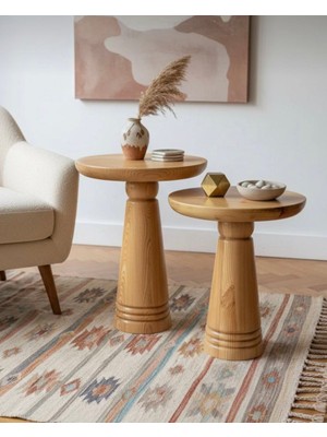 Aselya Home Doğal Ahşap 2'li Set Mantar Yan Sehpa Modern