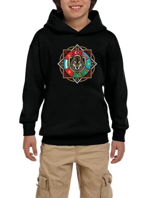 Z zepplin Sekizgen Mandala Bayraklı Bozkurt Baskılı Siyah Çocuk Kapşonlu Sweatshirt