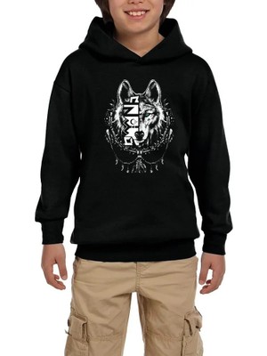 Z zepplin Beyaz Eskiz Tarzı Kurt Başı Baskılı Siyah Çocuk Kapşonlu Sweatshirt