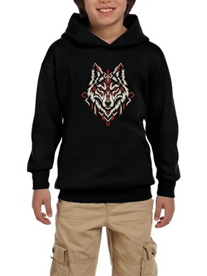 Z zepplin Geometrik Bozkurt Siyah Çocuk Kapşonlu Sweatshirt