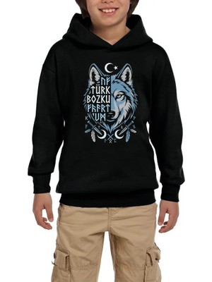 Z zepplin Mavi Ay Yıldızlı Türk Bozkurt Yazılı Baskılı Siyah Çocuk Kapşonlu Sweatshirt