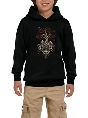 Z zepplin Hayat Ağacı Bozkurt Siyah Çocuk Kapşonlu Sweatshirt