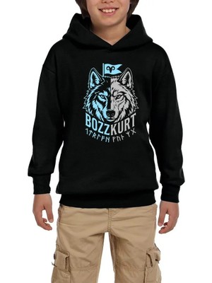 Z zepplin Mavi Beyaz Iki Yüzlü Bozkurt Bayraklı Baskılı Siyah Çocuk Kapşonlu Sweatshirt