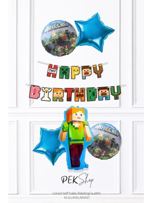 Pekshop Minecraft Tema Alex Folyo Balonlu Bannerlı Yıldızlı 6 Parça Folyo Balon Seti SET274