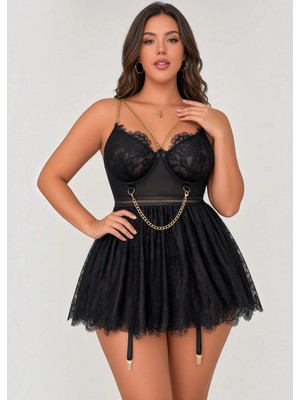eyetis Kadın Siyah Dantel Babydoll Zincir Detaylı JartiyerliTransparan Seksi Fantezi Gecelik Büyük Beden