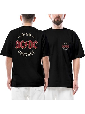 Z zepplin Ac Dc Logo Vintage Ön Arka Baskılı Siyah Oversize Tişört