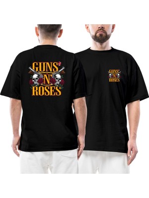 Z zepplin Guns N Roses Skull Text Ön Arka Baskılı Siyah Oversize Tişört