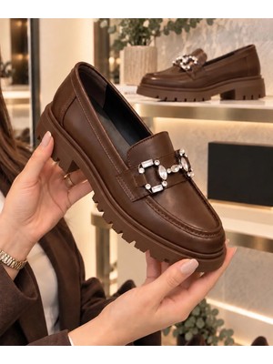 Zenora Shoes Kadın Tokalı Taşlı Loafer Makosen Ortopatik Kalın Tabanlı Ayakkabı