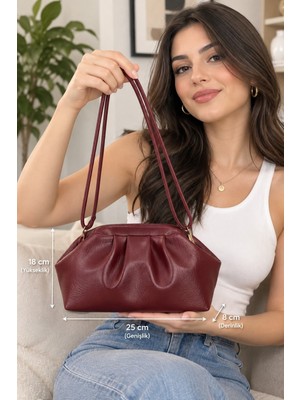 CLASSBAG Kadın Bordo Büzgülü Kırışık Deri Görünümlü, Şık Portföy ve Askılı Omuz Çantası