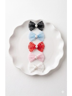 Cherry Lemon 5li Set Incili Dantel Fiyonk Bebek Tokası - Az Saçlı Saçsız Bebeklere Özel