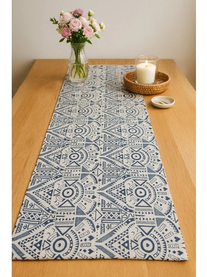 Cherry Lemon Mavi Bohem Etnik Desenli Vintaje Runner- Keten 36X140 cm