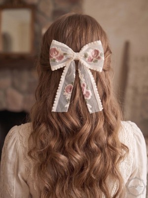 Cherry Lemon Romantik Gül Işlemeli Krem Tül Fiyonk Toka - Nakışlı Fransız Stil Tül Saç Tokası