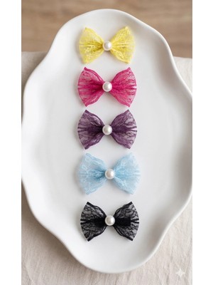 Cherry Lemon 5li Set Incili Dantel Fiyonk Bebek Tokası - Az Saçlı Saçsız Bebeklere Özel