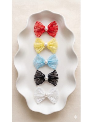 Cherry Lemon 5li Set Incili Dantel Fiyonk Bebek Tokası - Az Saçlı Saçsız Bebeklere Özel