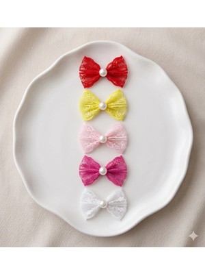 Cherry Lemon 5li Set Incili Dantel Fiyonk Bebek Tokası - Az Saçlı Saçsız Bebeklere Özel