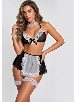 New Dreams eyetis Siyah Beyaz Dantelli Fantezi Sexsi Kostüm Takımı,Şeffaf Tül Üst, Mini Etek, İç Giyim Seti