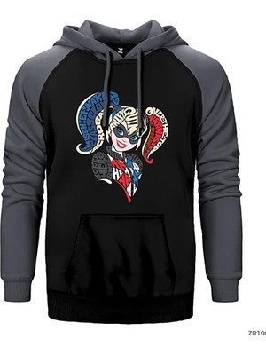 Z zepplin Harley Quinn Typography Gri Renk Reglan Kol Kapşonlu Sweatshirt