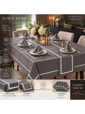 Zeren Home Gümüş Piko Detaylı Keten Görünümlü Antrasit Renk Masa Örtüsü + 12 Peçete + Runner 14 Parça