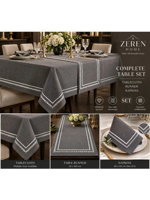 Zeren Home Gümüş Nakış Pikolu Antrasit Renk Masa Örtüsü Takımı – 1 Runner ve 12 Peçete Çeyizlik Sofra Seti -Kutulu