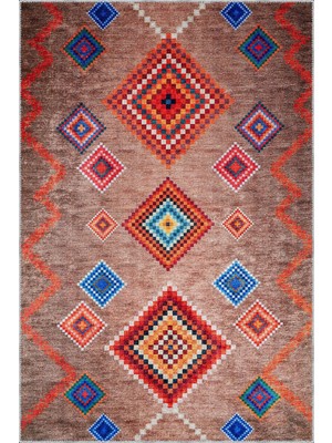 Aren Halı Alvear Geometrik Kahverengi Polyester ve Pamuklu Kaydırmaz Tabanlı Yıkanabilir Dijital Baskı Hal
